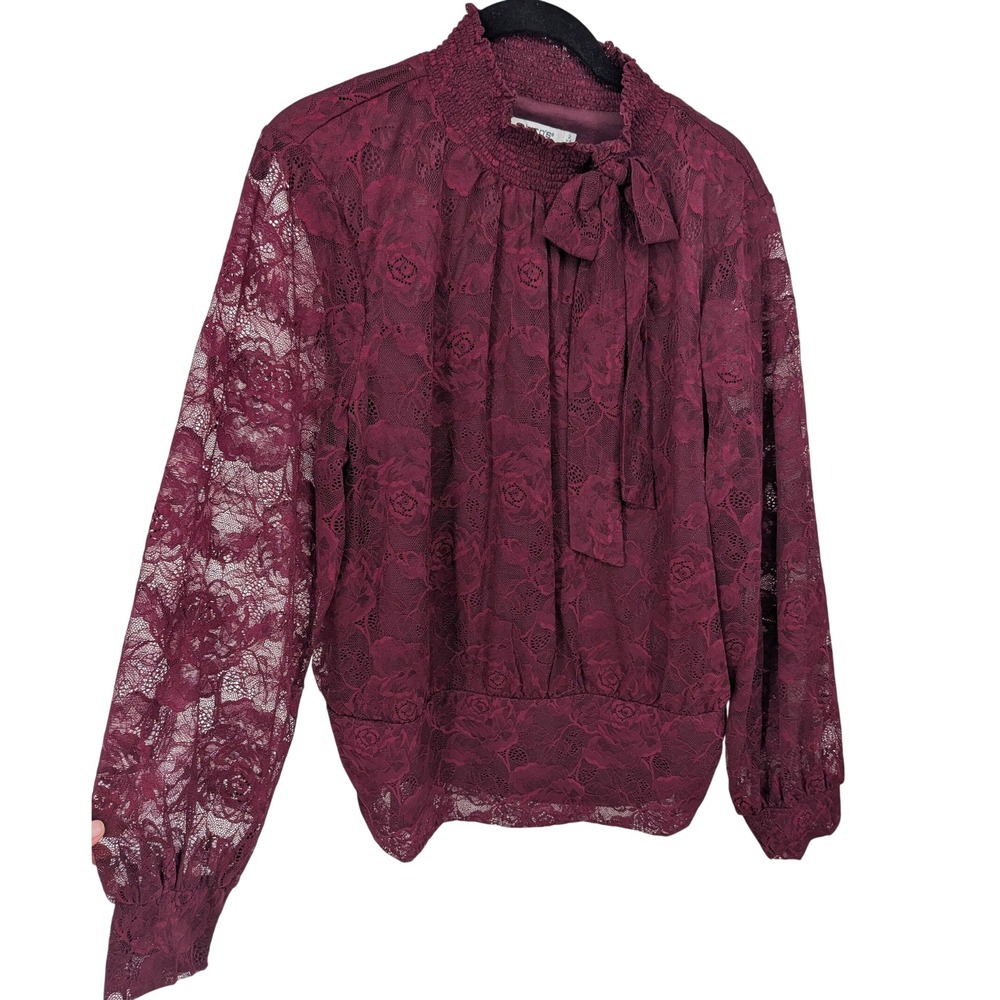 Chicos Blouse Women Large Burgundy Lace Smocked Neck Bow Long Sleeve Holiday